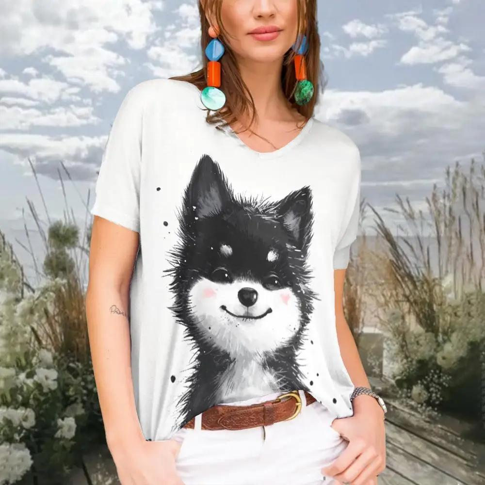 Summer Women Fashion V-Neck T-shirt Casual Cartoon Cat Tops Tees Female Colorful Short Sleeve Clothing Ladies Vintage Streetwear