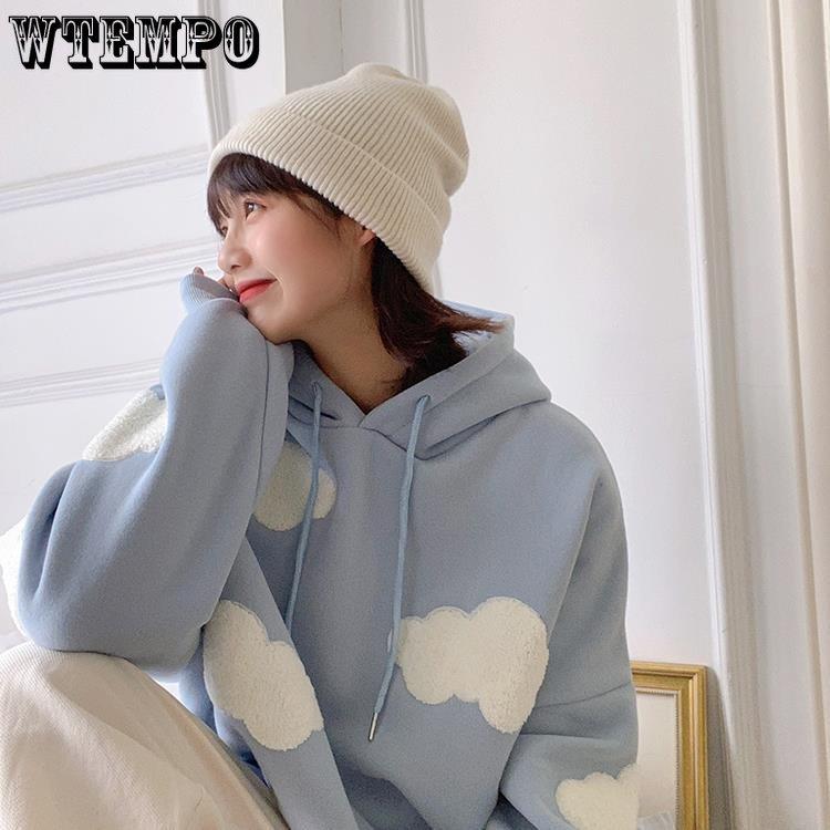 Koreanisches Sweatshirt Damen Winter Wolken Pullover Damen Plus Samt Warm Langarm Oberteile Lässige Kapuzenpullover