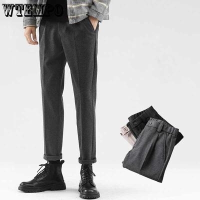 Woolen Suit Pants for Men Autumn and Winter Straight Cropped Pants Thickened for Warmth and Plush