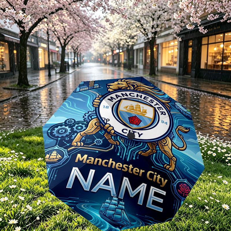 Custom Name Personalized Manchester City Print Umbrella, Auto Open Close, 8‑Rib Sturdy Frame, Commute Camping Hiking Use, Birthday Gift