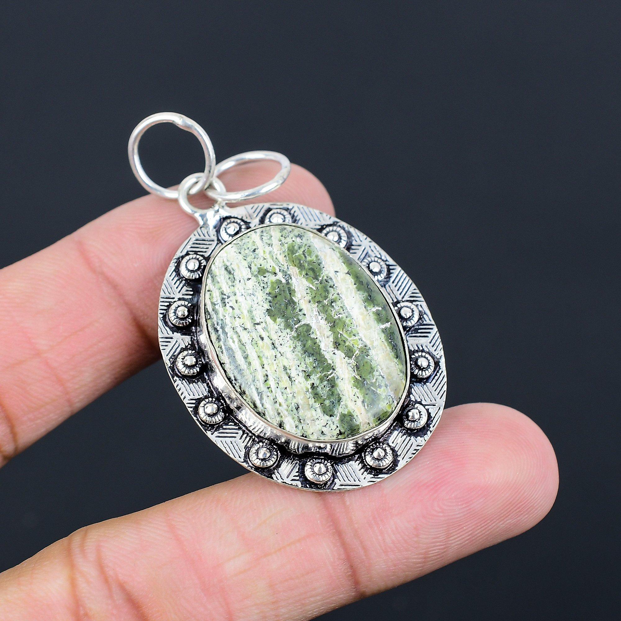 Oval Swiss Green Opal Stone Heart Chakra Engagement Pendant Jewelry 925 Silver