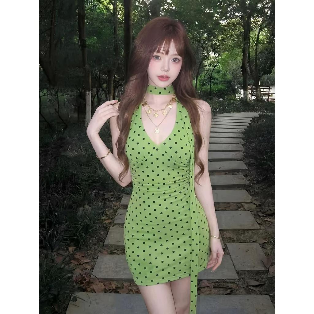 Vintage Polka Dot V-neck Halter Dress for Women, Summer Waist-cinching Slimming Hot Girl Style Short Skirt, Mature Woman Slim A-line Mini Skirt