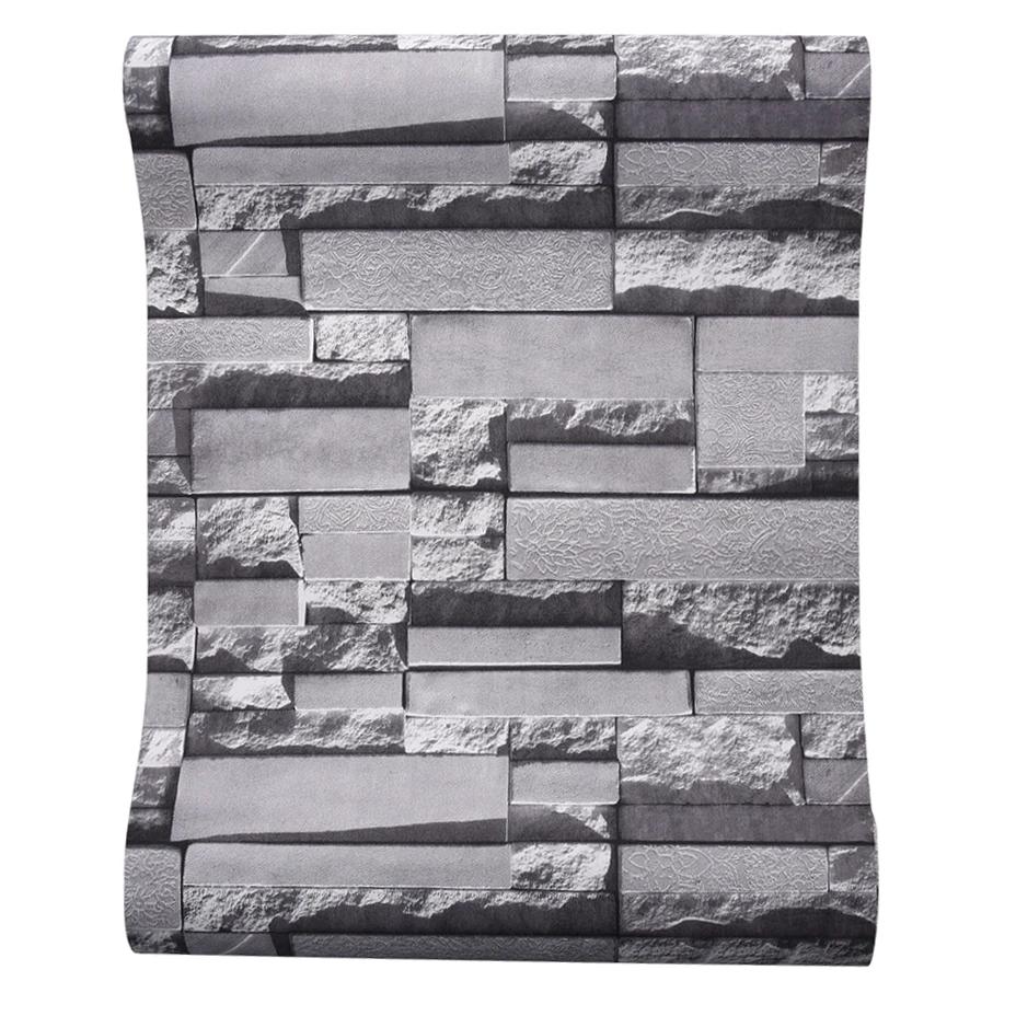 Slate Stone Brick Effect Washable Vinyl PVC Wall Paper Living Room Background Wallcovering Wallpaper Black Grey Stacked Brick
