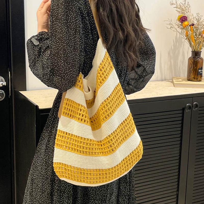 Large Capacity Woven Bag Knitted Spring New Tote Hollow One-shoulder Seaside Commuter Vacation Beach Bag Girl