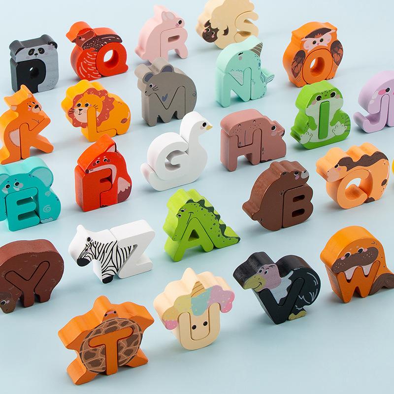Wooden Children Cartoon Animals 26 English Letters Capital Words Cognition Early Education Puzzle Building Block Toy