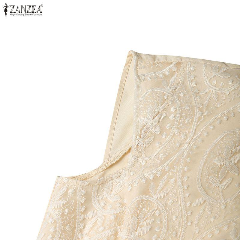 ZANZEA Women Stand Collar Summer Casual Short Sleeve Patchwork Lace Dress