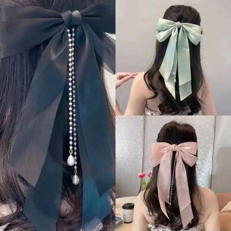 Clips de păr cu fundă șifon Femei Fundă mare Satin Agrafă de păr Fete Culoare solidă Clips coadă de cal Accesorii de păr Articole de acoperit cap Cadou