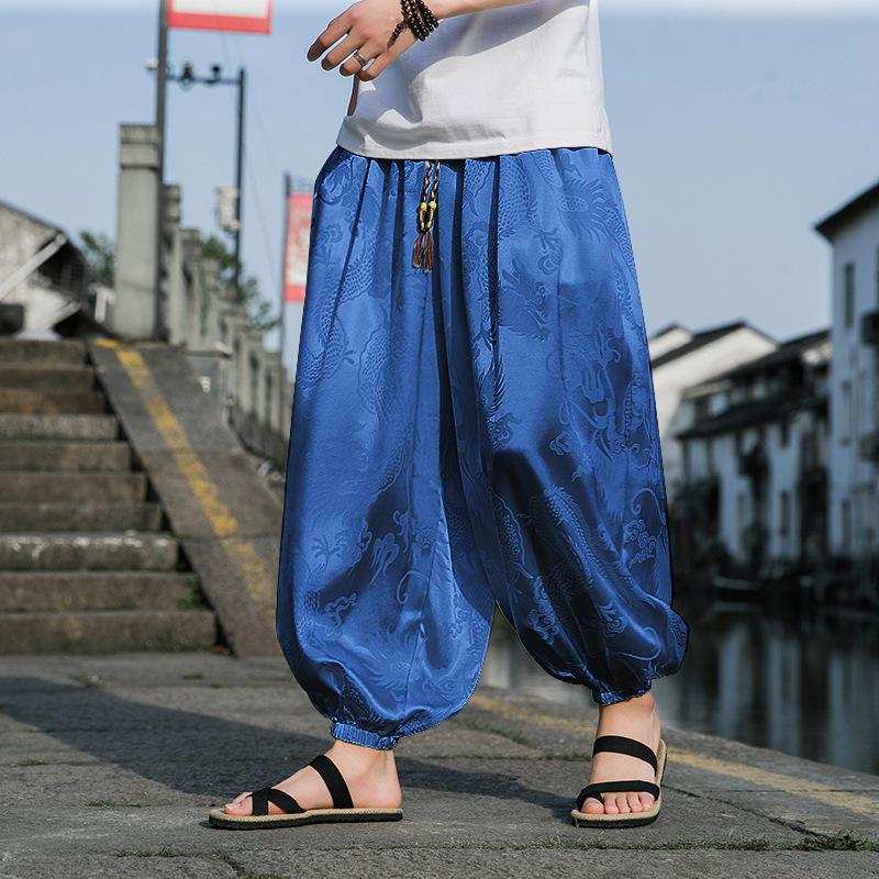 Outdoor Brand Pants for Men Lce Silk Dragon Dark Flower Loose Bloomers High Quality Wide Leg Casual Trousers Male