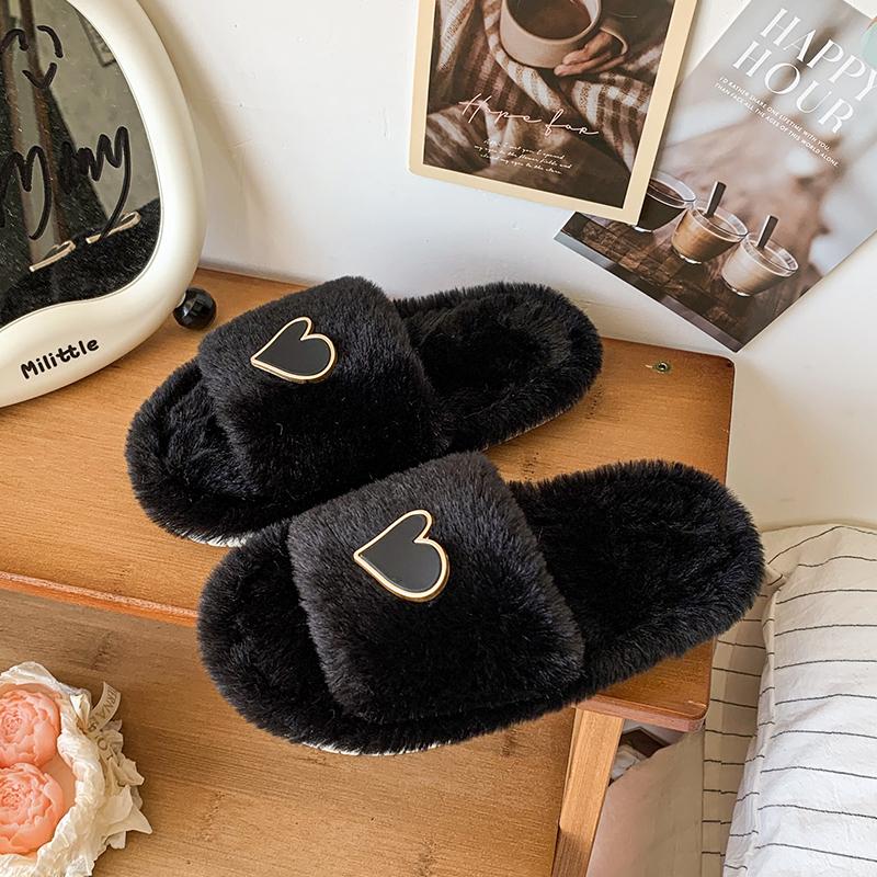 New Love Heart Spring Autumn Children's Furry Slippers Cute Comfortable Flat Bottom Home and Outdoor Wearable Slippers