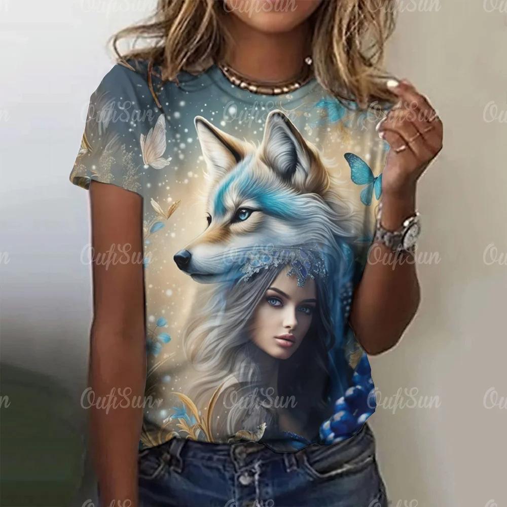 Women's Wolf Print Round Neck T-shirt Short Sleeved Shirt Fashionable Women's Animal Pattern Top 3D Digital Printing 3221
