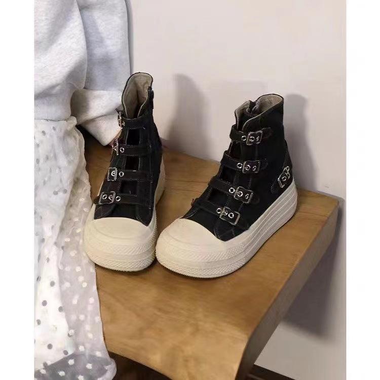 Fashion 2024 Spring and Autumn New Thick soled Short tube Canvas Boots French Casual Breathable Buckle Fashion Women's Single Shoes