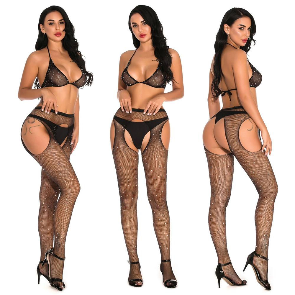 Sexy women's underwear Women's one-piece trousers One piece open bra panty free silk stockings one-piece Teddy underwear set
