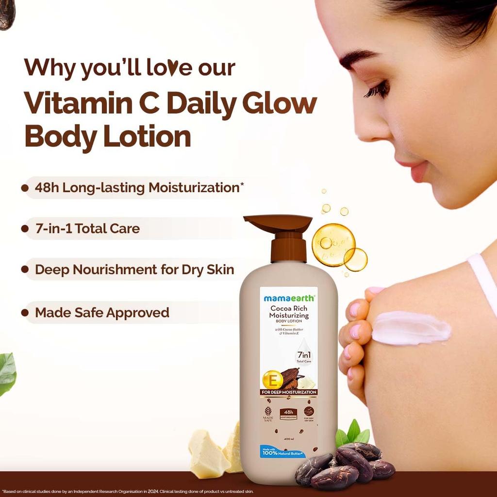 Mamaearth Cocoa Rich Moisturizing Body Lotion 400ml Pack of 1 for Very Dry Skin 48H Hydration 7in1 Care