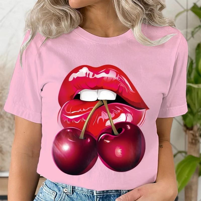 Summer Fashion Women's T-Shirt Lips Cherry 3D Printed Short Sleeve Tops Girl Loose Casual Loose Oversize Outdoor Clothing