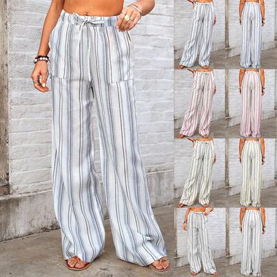 Women's Striped Linen Drawstring Wide Leg Pants Casual High Waist Beach Palazzo Trousers