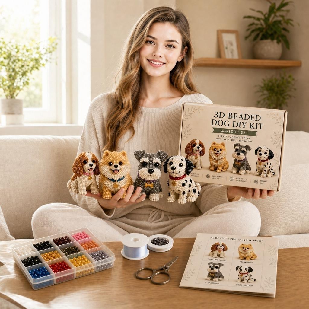 3D Beaded Dog DIY Kit 4 Piece Set Includes Beads String Scissors Instructions for Handmade Bead Craft Projects and Creative Activities