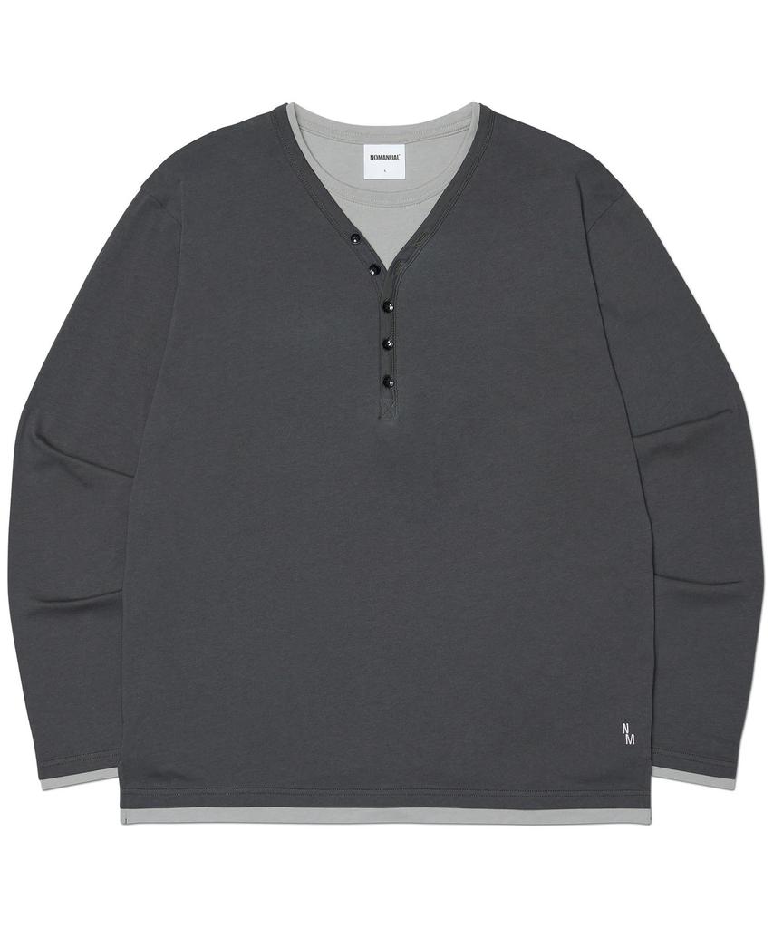 Nomaenyueol Layered Henley Neck Long Sleeve Tee - Charcoal