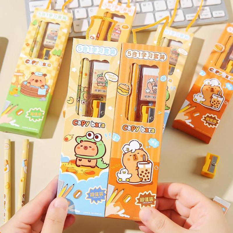 2Set Cute Cartoon Capybara Pencil Stationery Set Kawaii 5Pcs/Set Eraser Pencil Sharpener Children Student Stationery Supplies