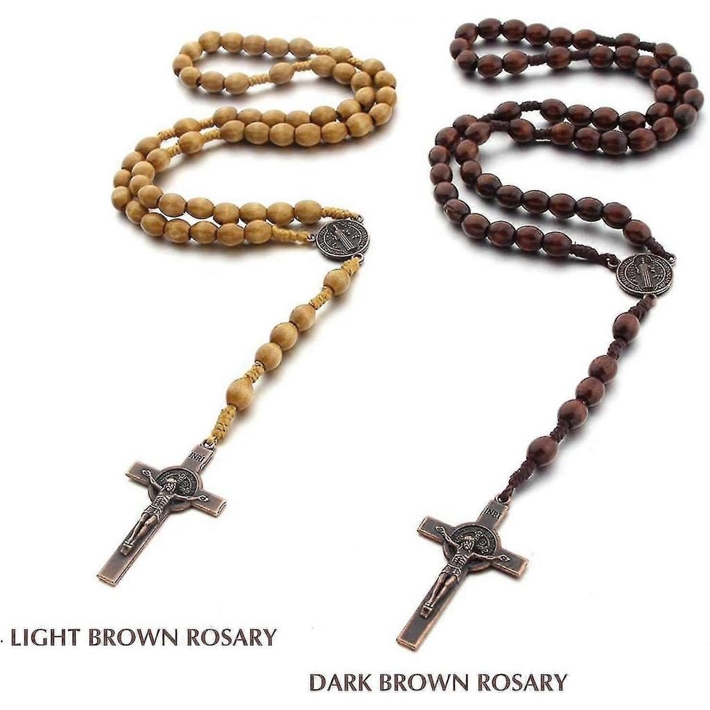 Catholic Cross Rosary Necklace, Natural Wood Prayer Beads With Medal Cross( Light Brown)/yy