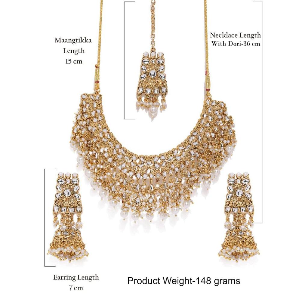 Tone Kundan & Pearls Bridal Choker Necklace Set For Women