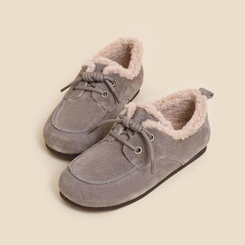 

Зимняя обувь Женская обувь на плоской подошве с круглым носком Женская обувь Лоферы Меховые повседневные кроссовки Осенние туфли на шнуровке Мокасины из замши и хлопка 35 серый