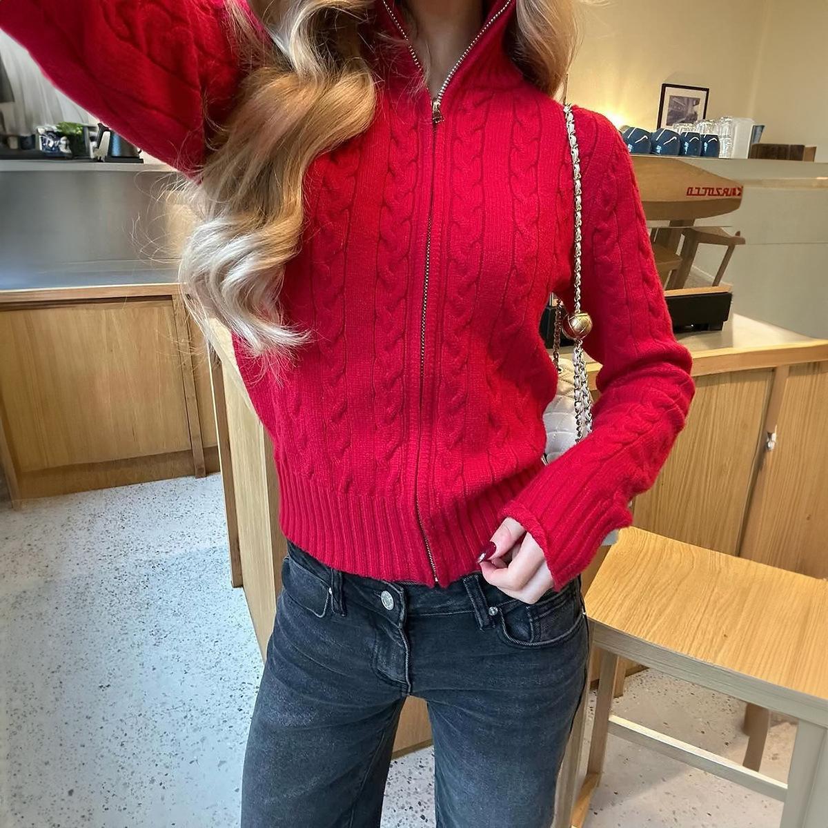 

Casual Vacation Zipper Long-sleeved Coat Sweater for Women 2025 Autumn and Winter S червоний