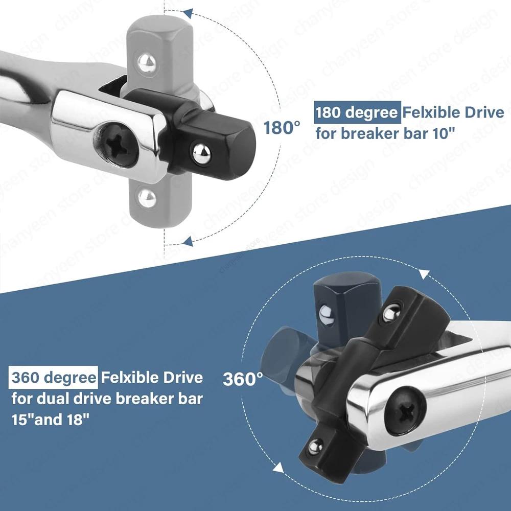 1/2'' Antrieb Knebel Ratsche Nuss 10/15/18 Zoll Verlängerung 180-Grad Cr-V Flexkopf und Gravierter Rutschfester Griff Reparaturwerkzeuge