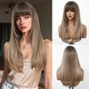 LOUIS FERRE Brown Base Blonde Highlights Medium Straight Layered Wig With Bangs Synthetic Hair Heat Resistant Women Daily Party