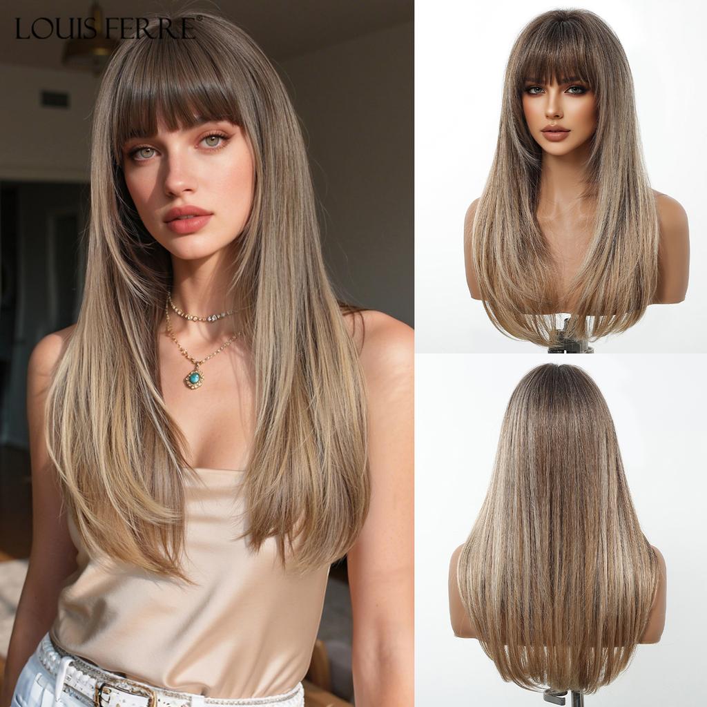 LOUIS FERRE Brown Base Blonde Highlights Medium Straight Layered Wig With Bangs Synthetic Hair Heat Resistant Women Daily Party