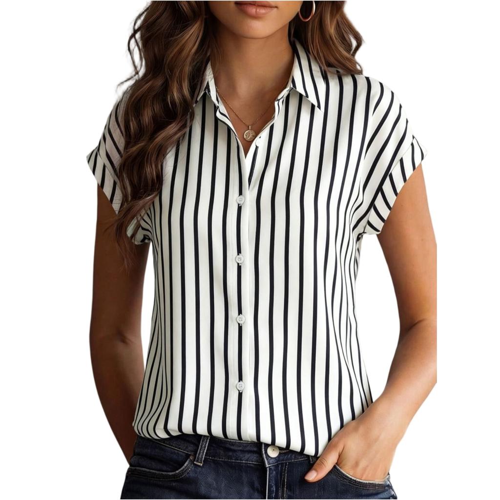 Womens Spring Tops Summer Shirts for Women Button Down Blouse Short Sleeve Striped Womens Summer Tops Dressy Casual