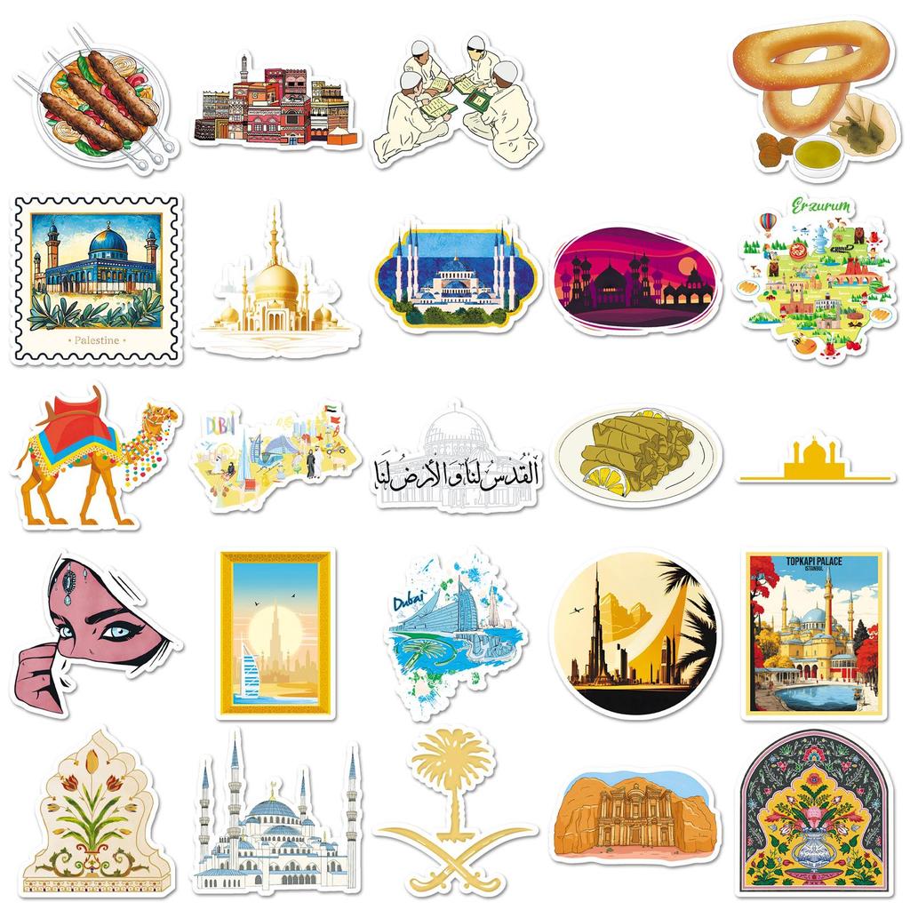 Waterproof Middle Eastern Building Scenery Sticker Set: 50 Exquisite Colorful Designs for Diary and Notebook Decoration