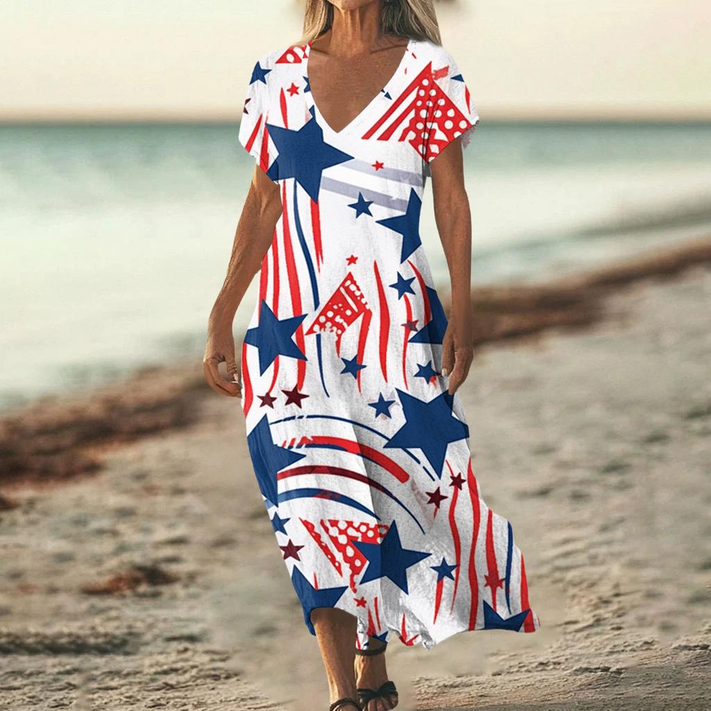 Sommerkleid Damen Lang Strandkleid Elegantes Kleid V-Ausschnitt Kurzarm Sommerkleid Leicht Luftig