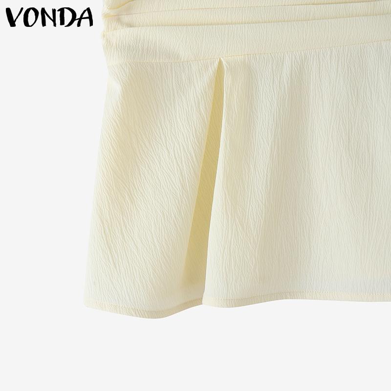 VONDA Women Square Collar Puff Sleeve Ruffled Casual Rumple Blouse