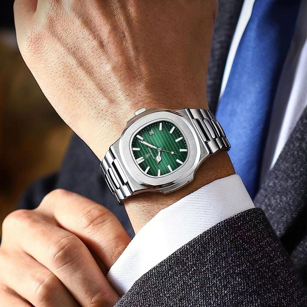 POEDAGAR Square Business Men Clock Stainless Steel Waterproof Luminous Date Male Wristwatch Sports Luxury Quartz Watches For Men