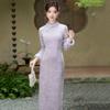 Long Sleeve Purple Fleece-Lined Chinese-Inspired Winter Dress Women Vintage Stand Collar Midi Qipao With Side Slit