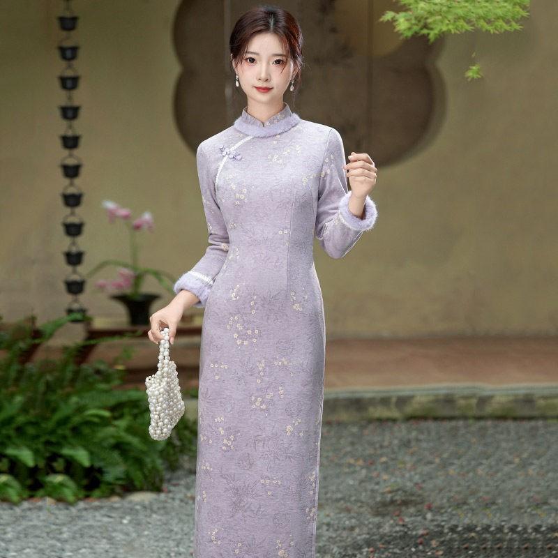Long Sleeve Purple Fleece-Lined Chinese-Inspired Winter Dress Women Vintage Stand Collar Midi Qipao With Side Slit