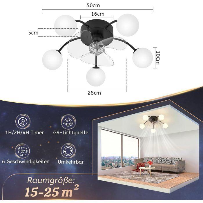 Ventilateur de plafond - NETTLIFE - G9 - Moteur DC réversible 6 vitesses - Éclairage 5x G9 - Télécommande & minuterie