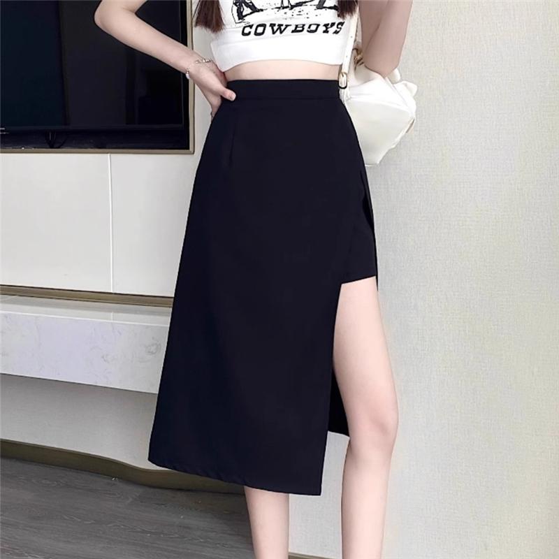 High Waist Hip Skirt Irregular Slit Black Skirt for Women Summer Mid-length A-line Harajuku Vintage Women Clothing
