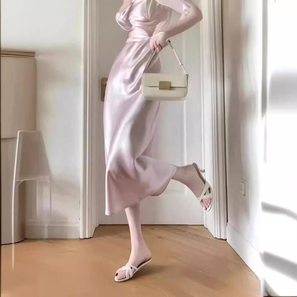 2024 Summer High-Waist Satin A-Line Drape Skirt for Women