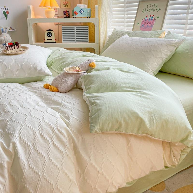 Washed Cotton Four-piece Set, Simple Bed Sheet Quilt Cover, Dormitory Pure Cotton Solid Color Three-piece Set