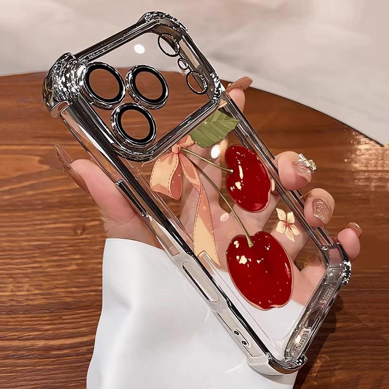 Cherry Floral Bow Pattern Electroplated Shockproof Phone Case For Samsung Galaxy S23 S24 S25 S26 Ultra S22 S21 Plus FE Cover
