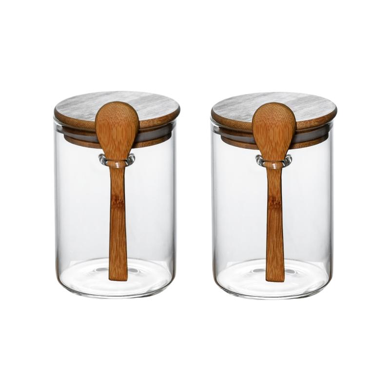 

2Set High Borosilicate Glass Sealed Jar , with Bamboo Wooden Lids and Spoons – Hinged Lid Sealing Jars, Coffee Beans Containers 85x150mm