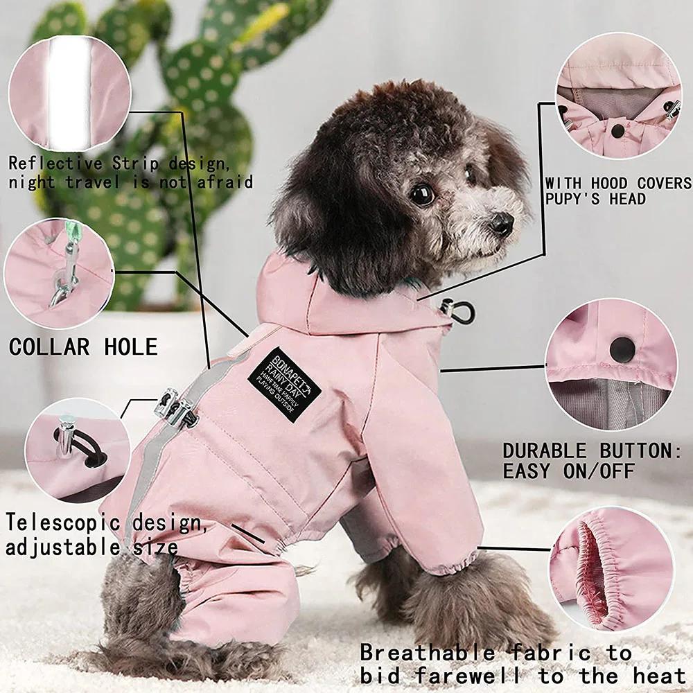 Dog Raincoat Waterproof Dog Rain Jacket with Reflective Strap and Leash Hole Rainy Day Pet Clothes Windproof Puppy Cat Rain Coat