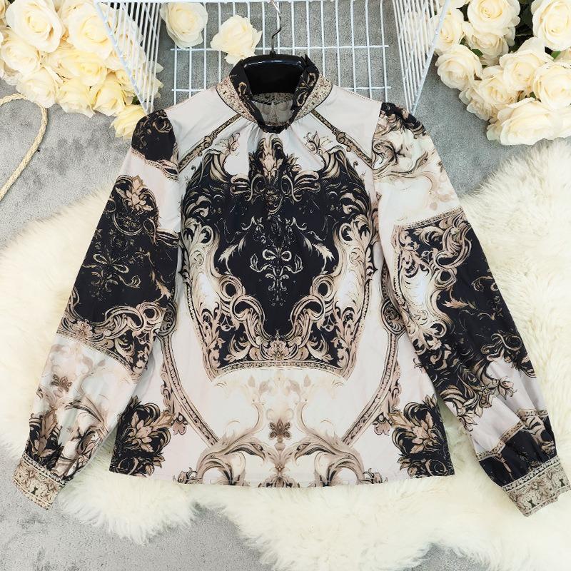Women French Retro Palace Style Geometric Print Long Sleeve V Neck Loose Blouse