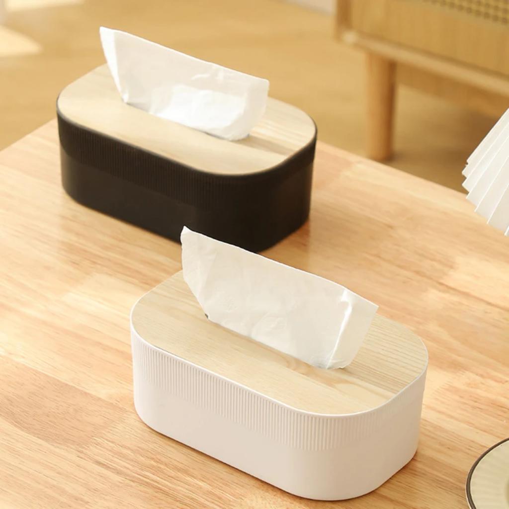 Plastic Tissue Box with Wooden Cover Nordic Simplicity Style Desktop Napkin Box Living Room Bathroom Toilet Square Tissue Box