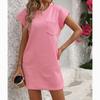 Summer Round Neck Pocket Short Sleeve Dress Women Elegant Loose A Line Pink Short Dress Woman Solid Vintage Casual Party Dresses 24496