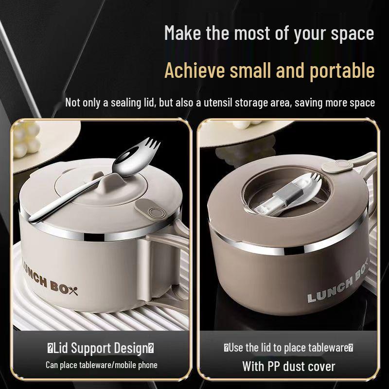 Korean Style 304 Stainless Steel Instant Noodle Bowl, Large Capacity, Portable, Microwaveable, with Lid & Drain Brown 304 Noodle Bowl