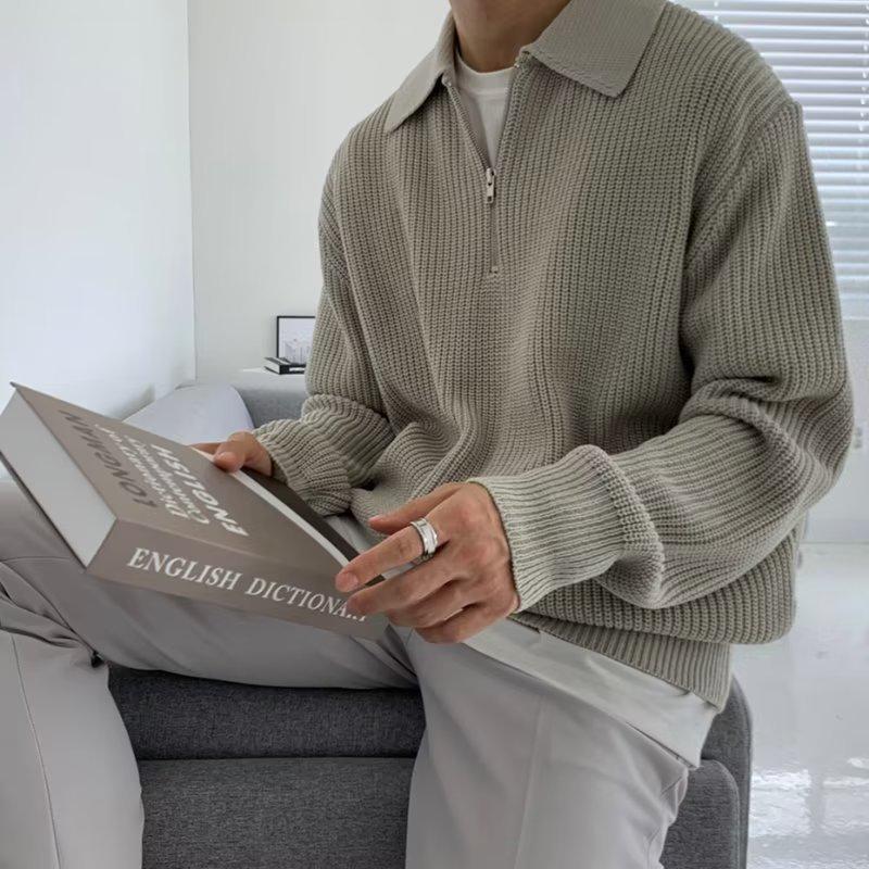 Men's Turn-Down Collar Knitted Sweater - Winter Loose Fit, Light Mature Style Polo Sweater