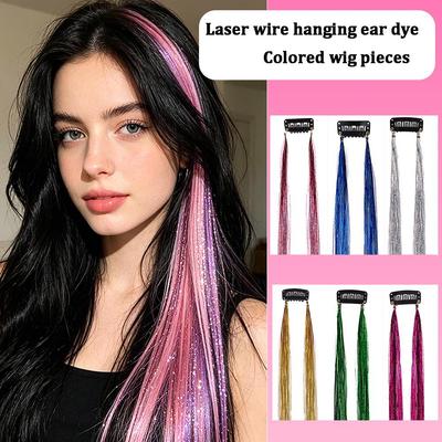 Kolorowe przedłużenia włosów Laser Silk: Pasemka perukowe z gradientem i złotą & srebrną nicią na klipsy