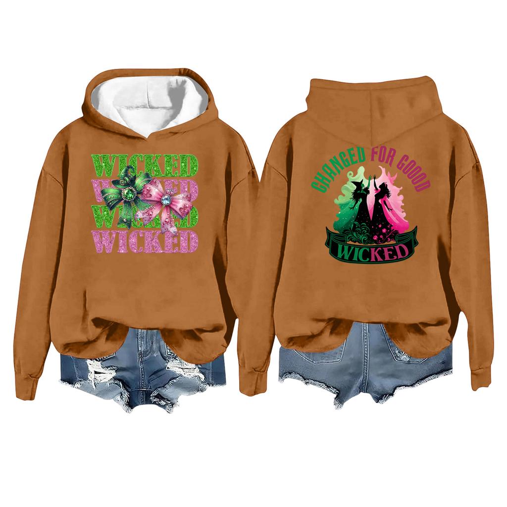 Women's Casual Long Sleeve Pullover Witch Print Hooded Sweatshirt